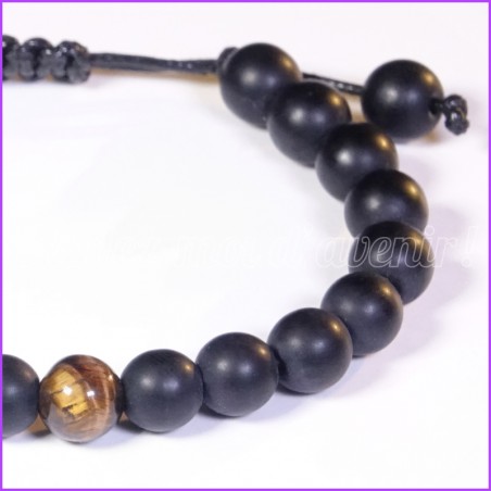 Bracelet extensible en perles d'ONYX MATTE et sa perle d'OEIL DE TIGRE