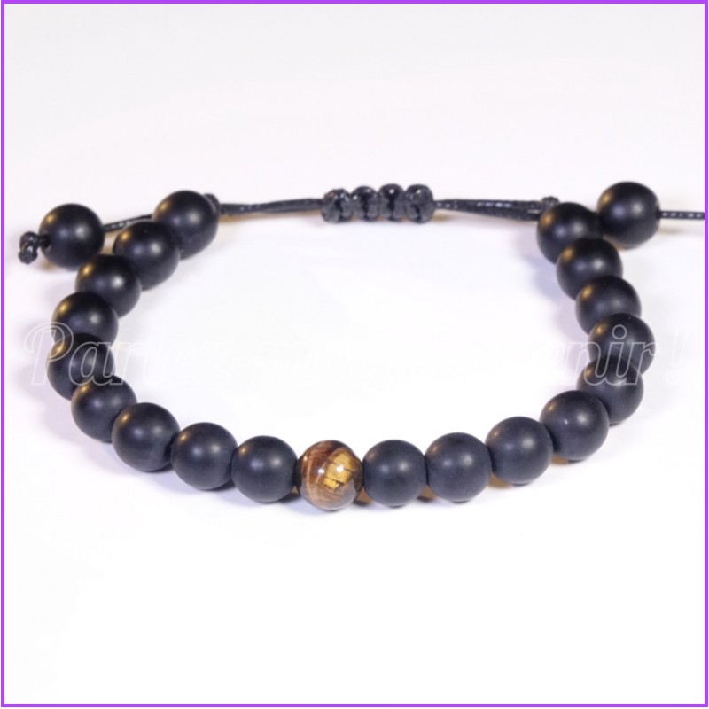 Bracelet extensible en perles d'ONYX MATTE et sa perle d'OEIL DE TIGRE