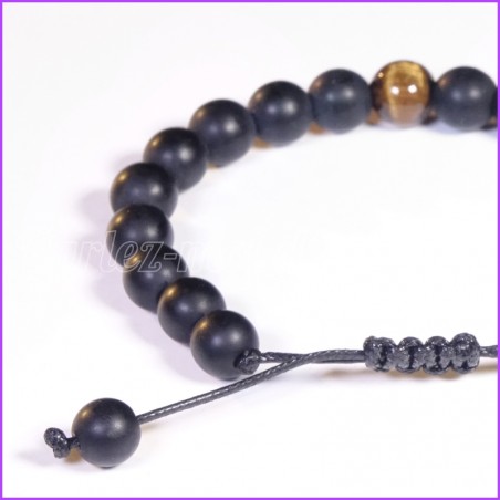 Bracelet extensible en perles d'ONYX MATTE et sa perle d'OEIL DE TIGRE