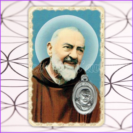 Carte de protection plastifiée avec prière et médaille de PADRE PIO