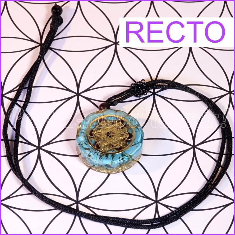 Pendentif Orgonite Turquoise, Grenat, Sceau de Metatron et Feuilles d'Or