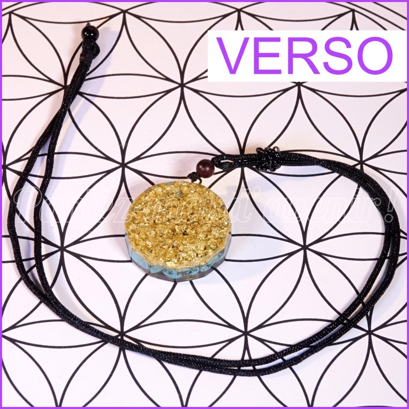 Pendentif Orgonite Turquoise, Grenat, Sceau de Metatron et Feuilles d'Or