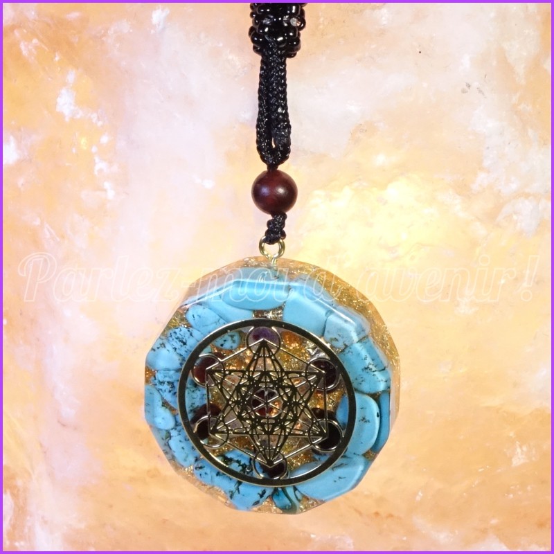 Pendentif Orgonite Turquoise, Grenat, Sceau de Metatron et Feuilles d'Or
