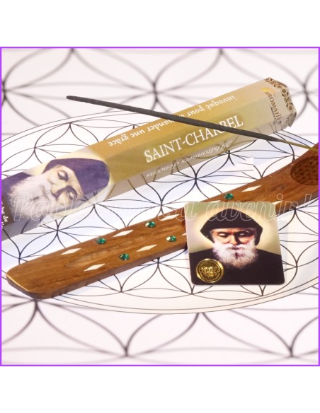 Bâtonnets encens SAINT CHARBEL parfum de Benjoin + carte prière à Saint Charbel + porte encens en bois