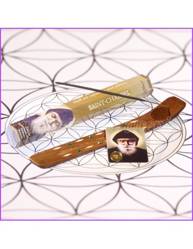 Bâtonnets encens SAINT CHARBEL parfum de Benjoin + carte prière à Saint Charbel + porte encens en bois