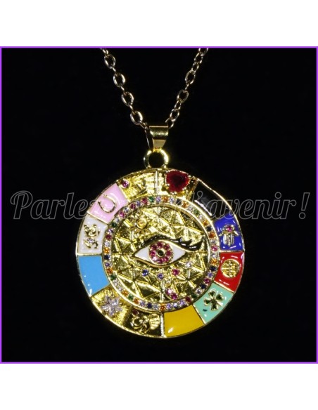 Pendentif de protection Doré "Talisman Magique des 11 Symboles"