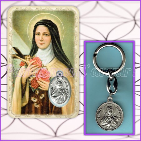 KIT Porte-clés Prière à Sainte Thérèse et Carte de protection avec prière et médaille de Sainte Thérèse