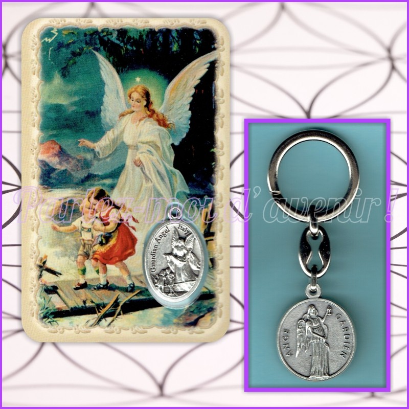 KIT Porte-clés Prière à l'Ange Gardien et Carte de protection avec prière  et médaille de l'Ange Gardien