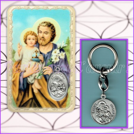 KIT Porte-clés Prière à Saint Joseph et Carte de protection avec prière et médaille de Saint Joseph