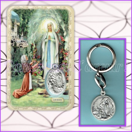 KIT Porte-clés Prière à Notre Dame de Lourdes et Carte de protection avec prière et médaille de Notre Dame de Lourdes