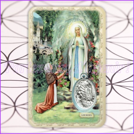 KIT Porte-clés Prière à Notre Dame de Lourdes et Carte de protection avec prière et médaille de Notre Dame de Lourdes